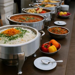 A buffet spread with various Indian dishes, including rice, curry, and vegetables, arranged in large metal serving trays.