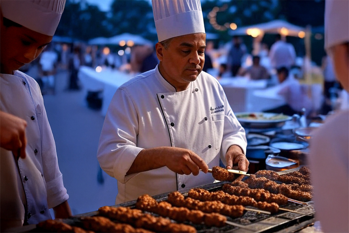 Chef grilling kebabs at House of Kabila, Dubai.