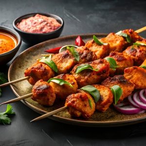 Spicy chicken tikka skewers served with mint chutney and onion rings
